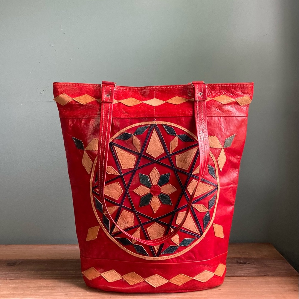 Vintage Tribal Geometric Print Leather Tote Bag - Picture 8 of 8